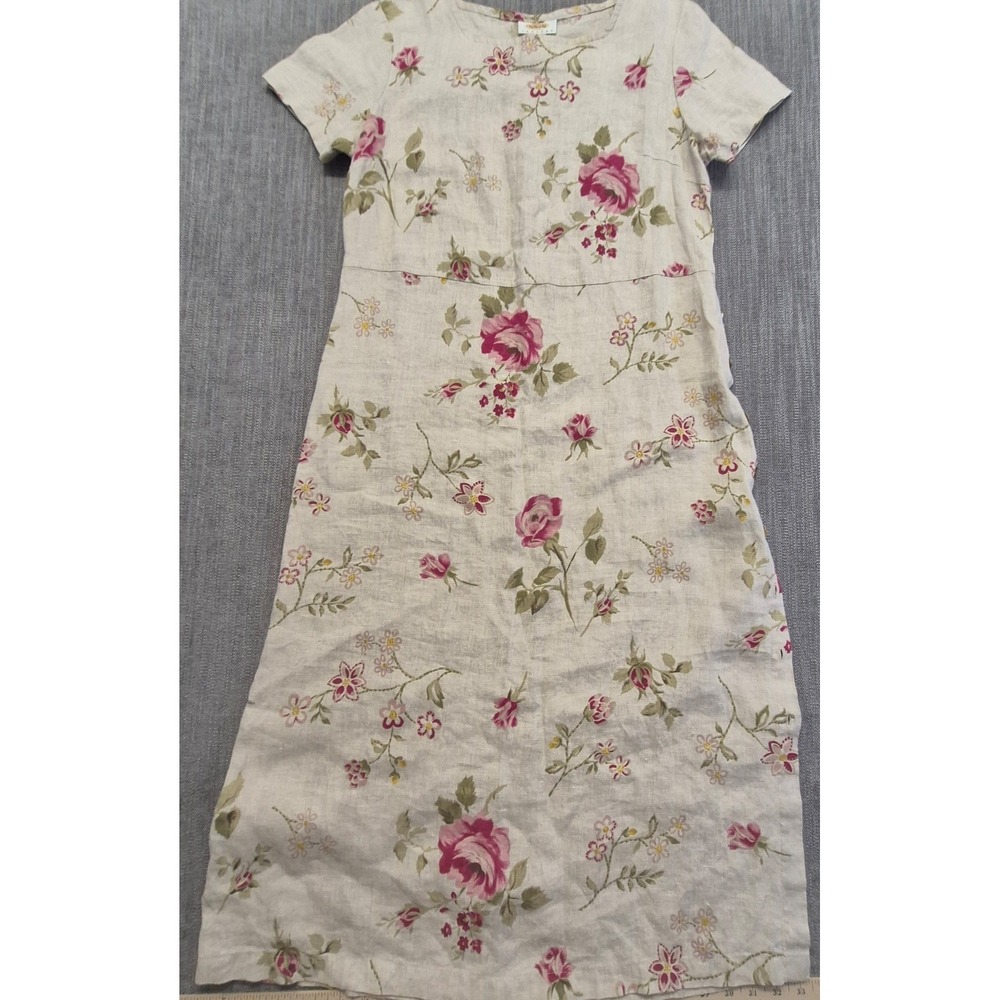 VTG‎ Talbots Petites 12P 100% Linen floral dress cottagecore made USA Pink roses